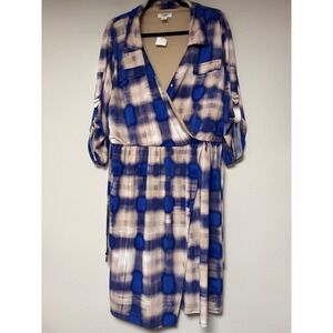 Cato Woman Plus Size 18/20W Blue Tan Plaid Faux Wrap Dress Roll Tab Sleeve 8026